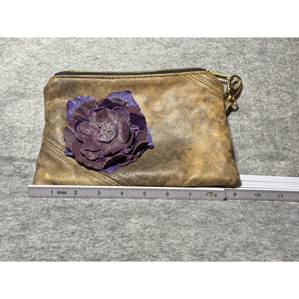 Refind Originals Brown Leather Wristlet Pouch Purple Flower Floral Lining Boho - Picture 4 of 6